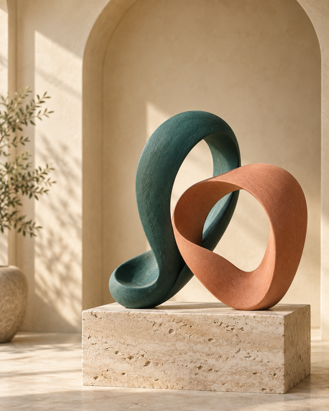 Teal and coral sculptural loops connecting, an illustration of people and opportunity